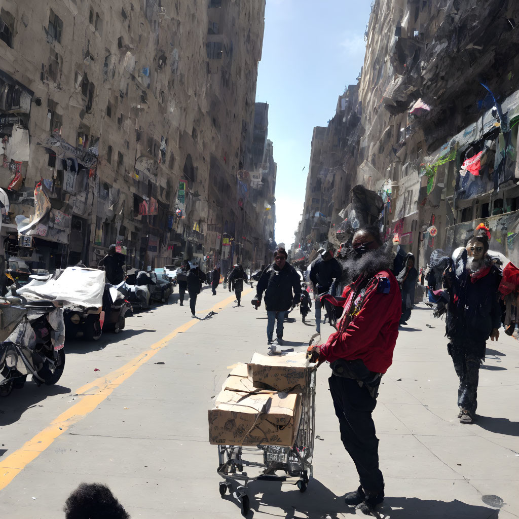 City street scene with high-rise buildings and people walking under clear blue sky