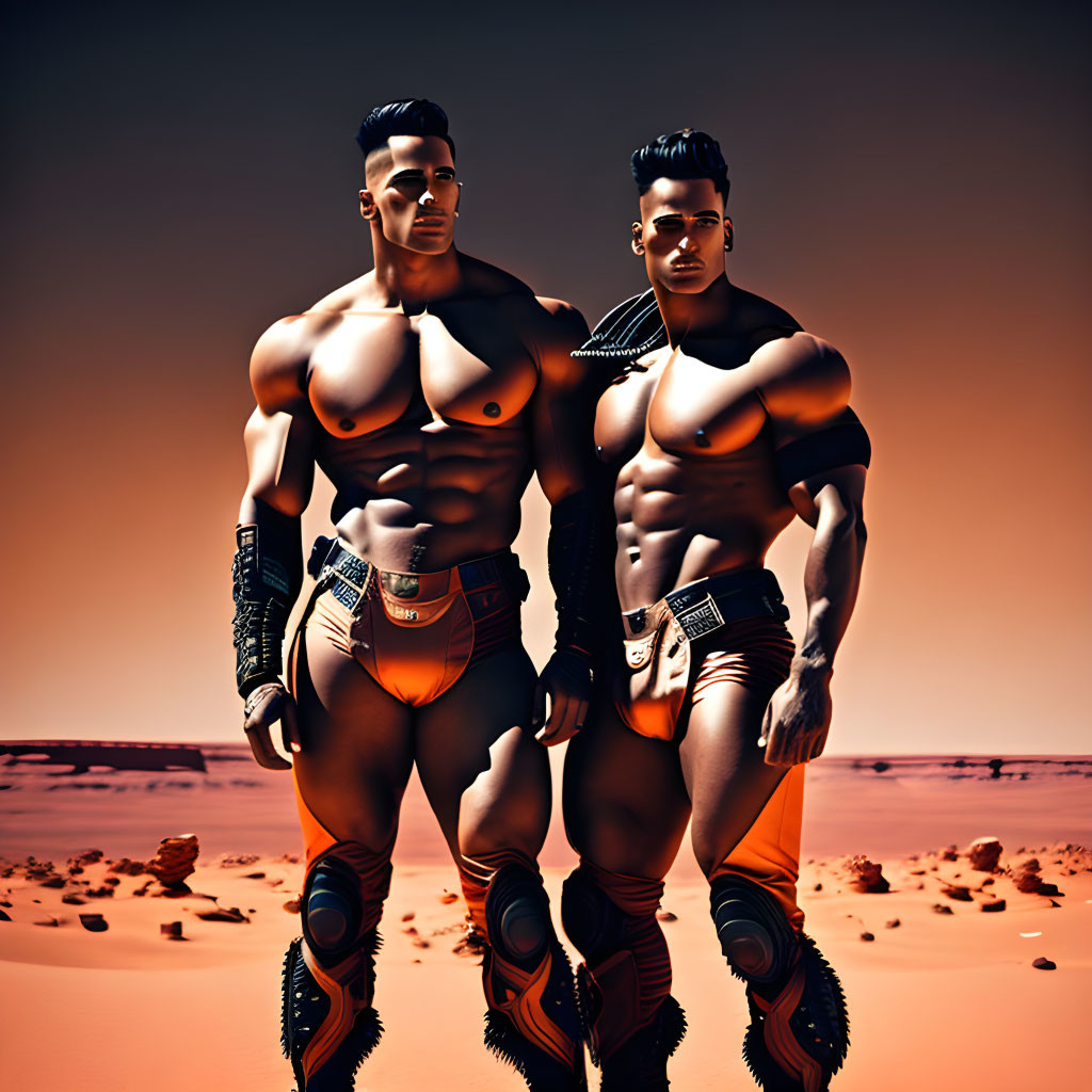 Muscular characters in futuristic attire in desert setting