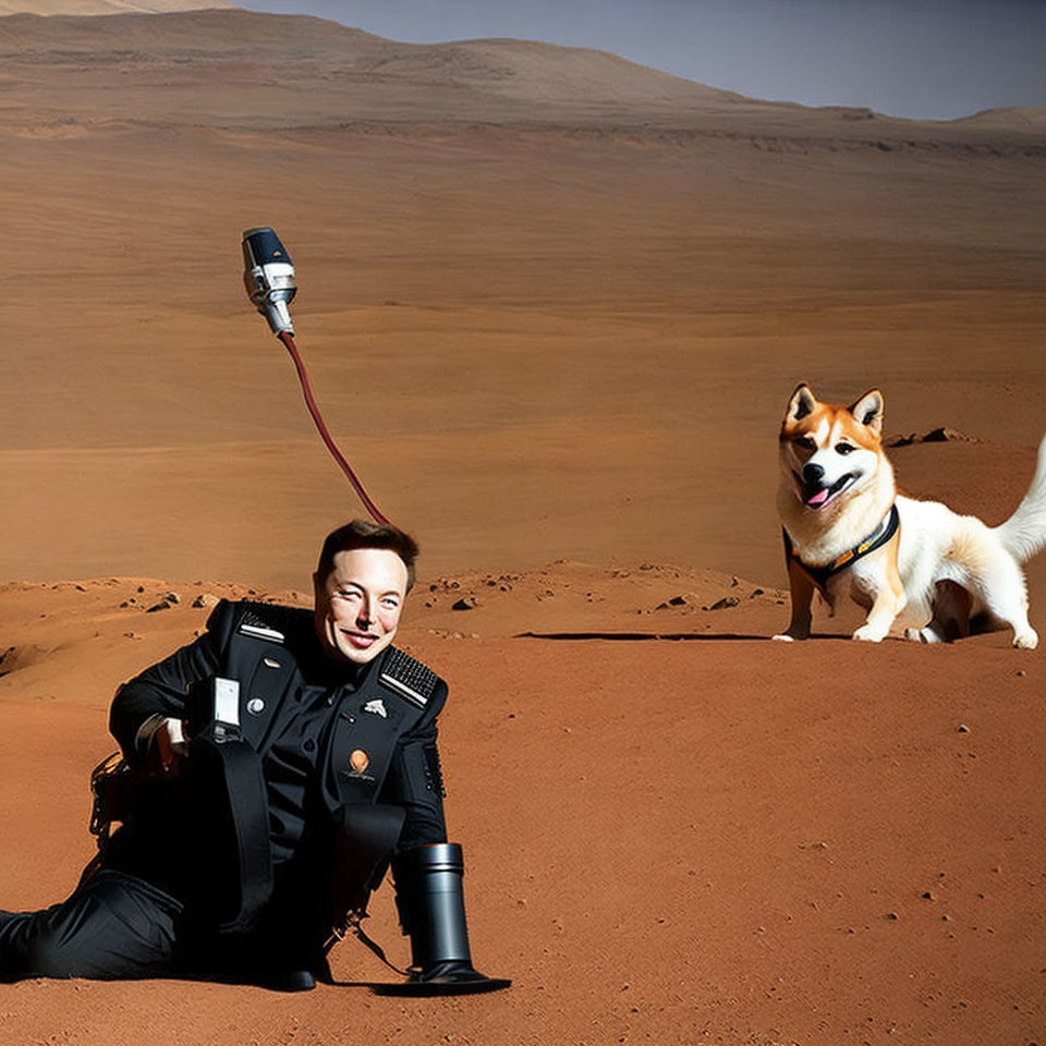 Person in Black Suit with Vacuum Cleaner Parts on Mars-Like Landscape with Smiling Corgi