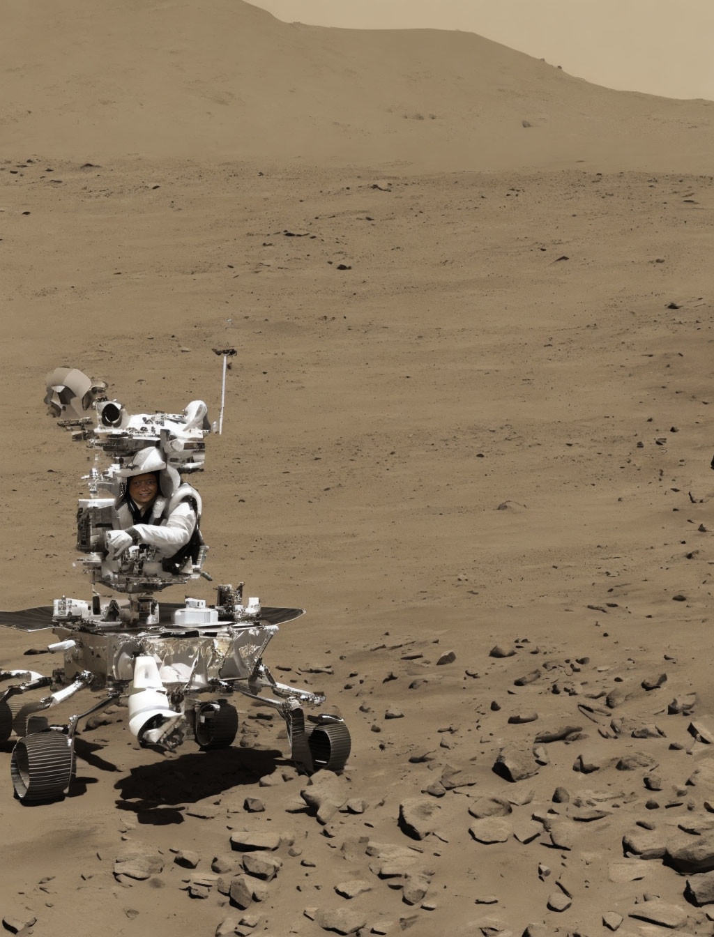 Mars rover explores rocky Martian terrain with cameras and instruments