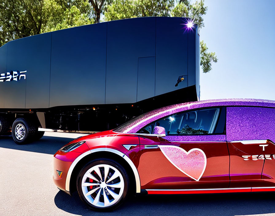 Vibrant Tesla car graphic with red and purple glitter design and heart decal passing black trailer.