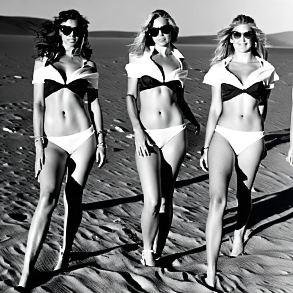 Three women in bikinis on sand dunes in black and white.