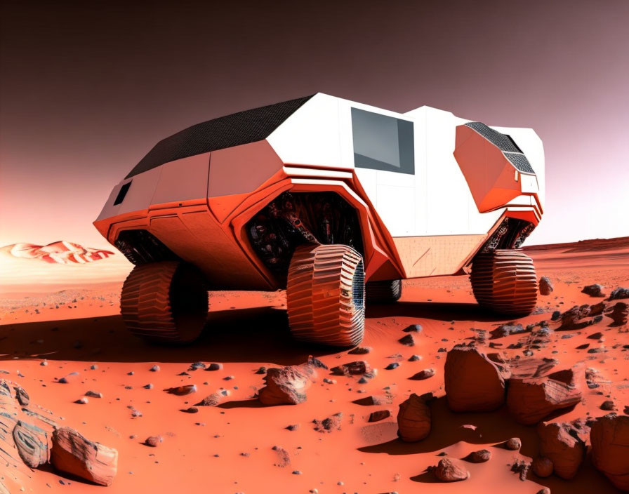 Futuristic rover with large wheels explores rocky Mars-like terrain