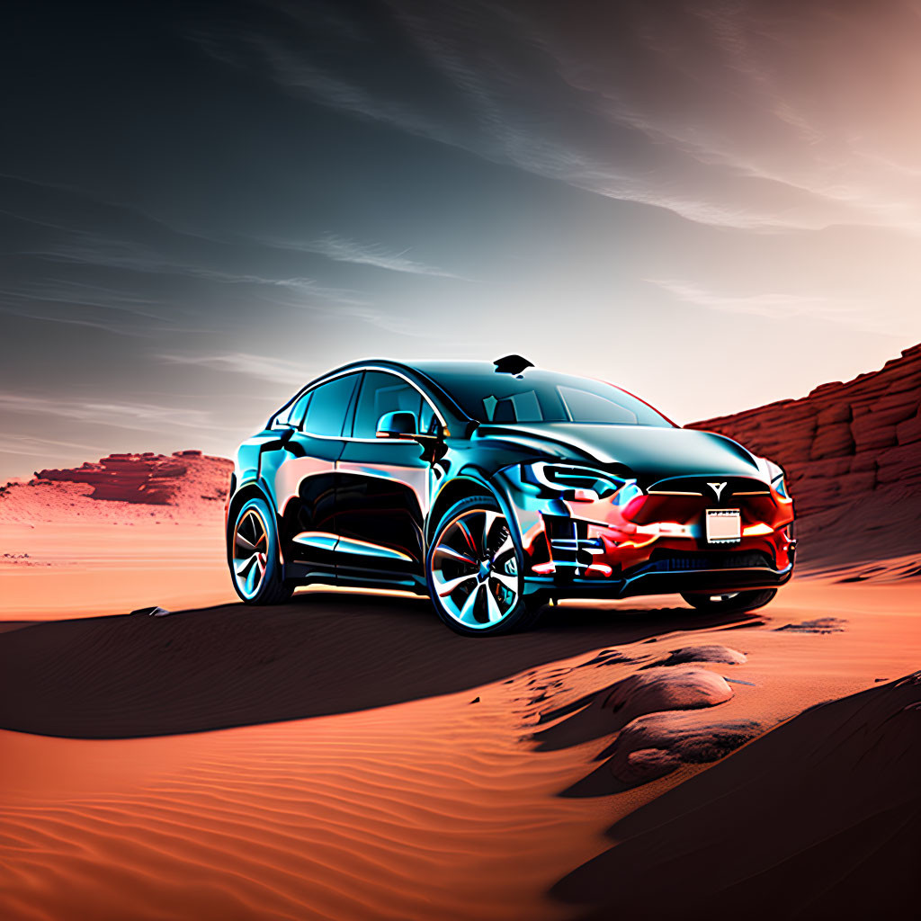 Electric car parked on sandy terrain near red rock formations