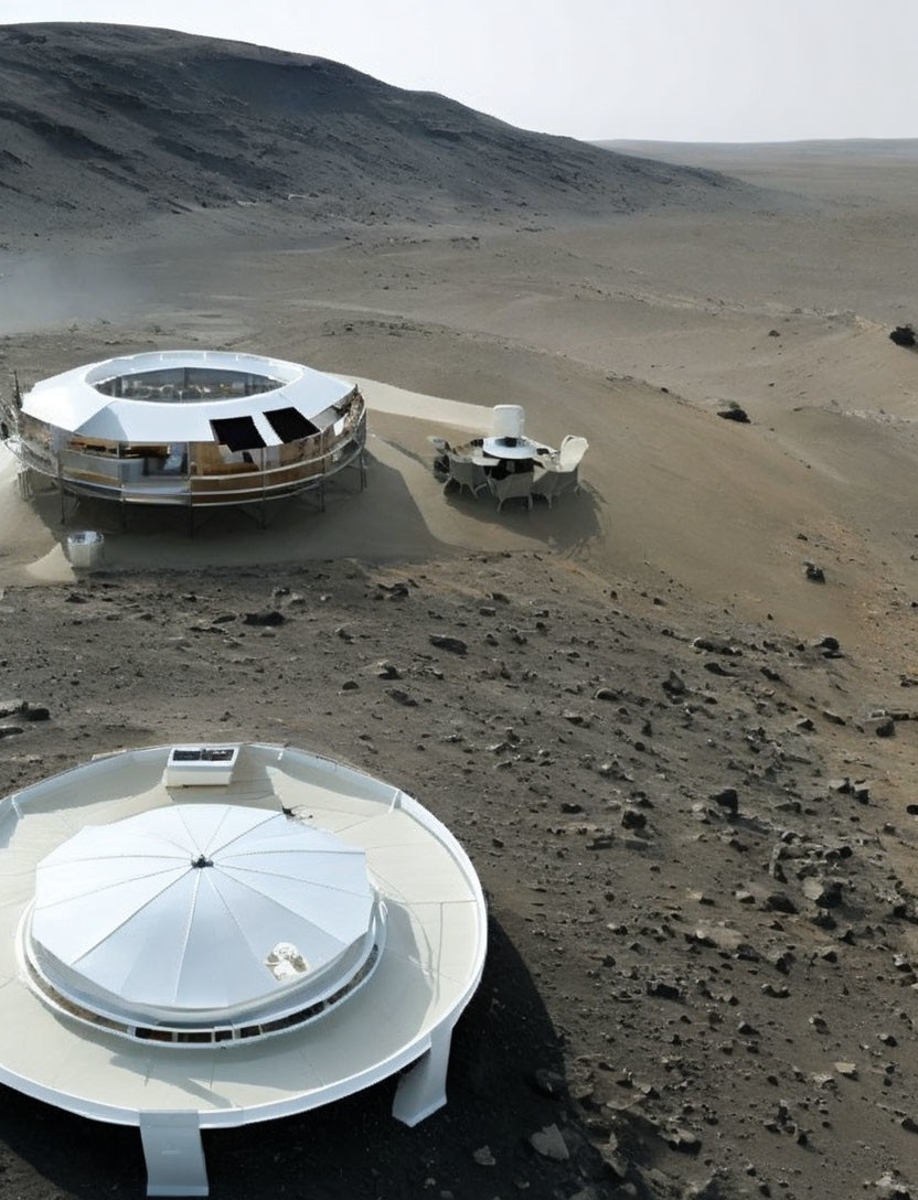 Futuristic domed structures on barren rocky landscape