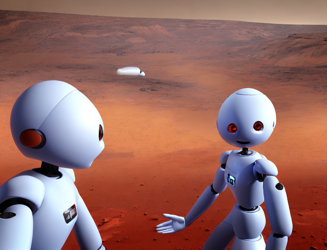 Two humanoid robots on Martian landscape, one pointing towards distant object.