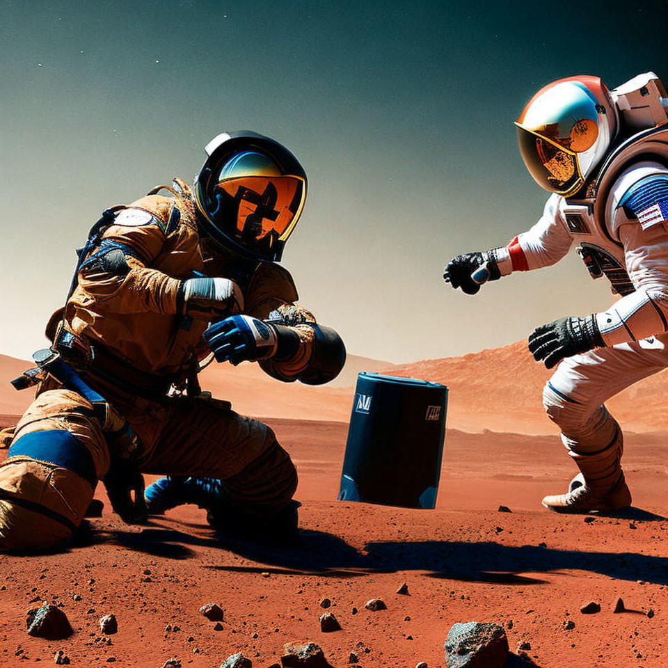 Astronauts on Mars-like surface aiding each other in rocky terrain