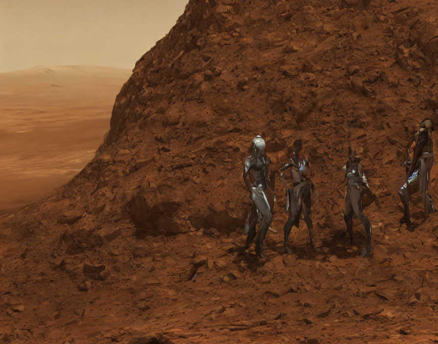 Futuristic humanoid figures on rocky Mars-like terrain