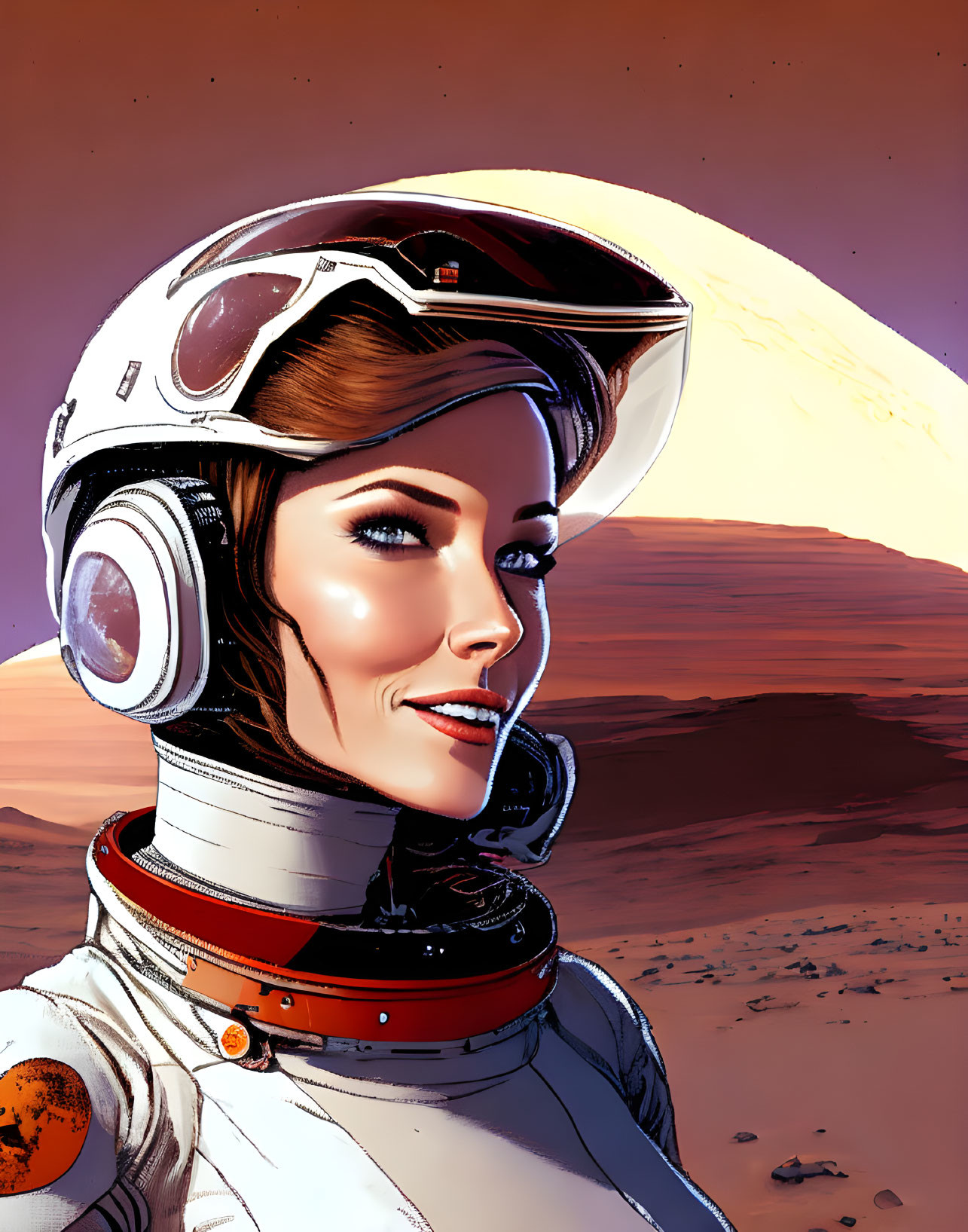 Smiling astronaut in helmet on Martian landscape with large planet.