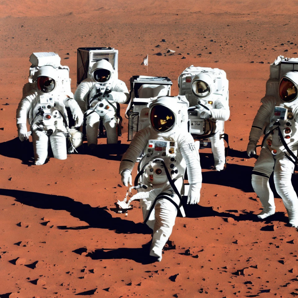 Astronauts in space suits exploring Mars-like terrain under a reddish sky