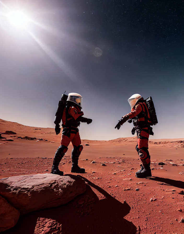 Astronauts in space suits with rifles on Mars-like terrain under starry sky.