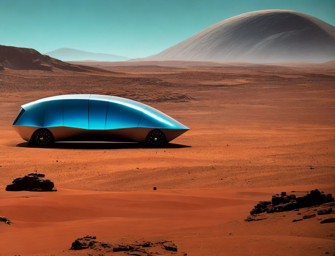 Blue futuristic vehicle on Martian landscape with rocky terrain and mountain.