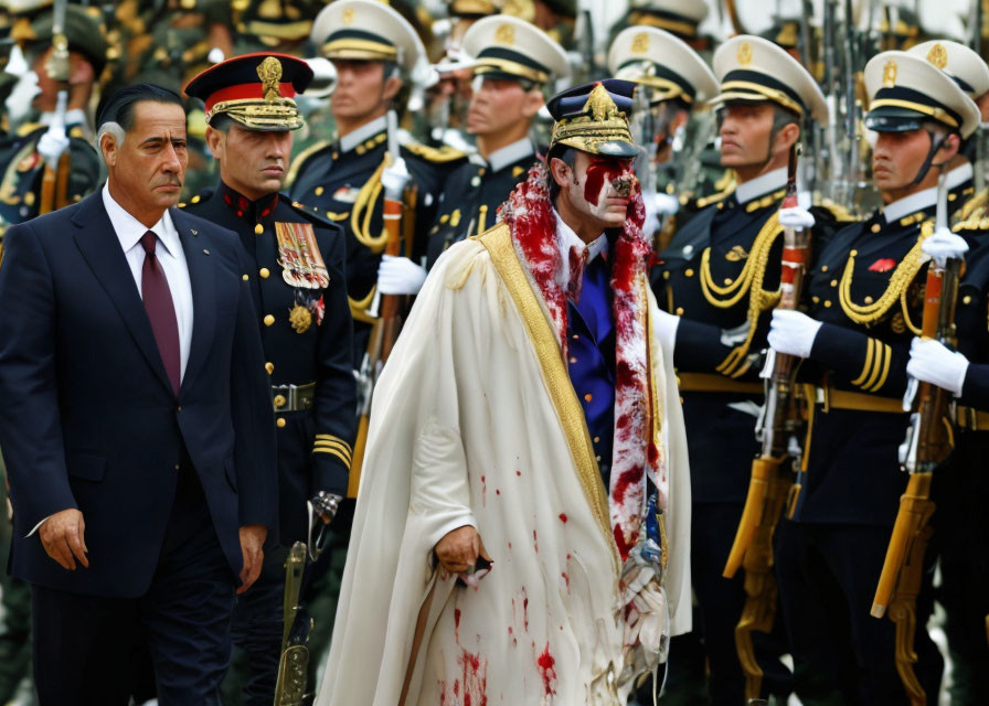 Military officers observe zombie costume during parade