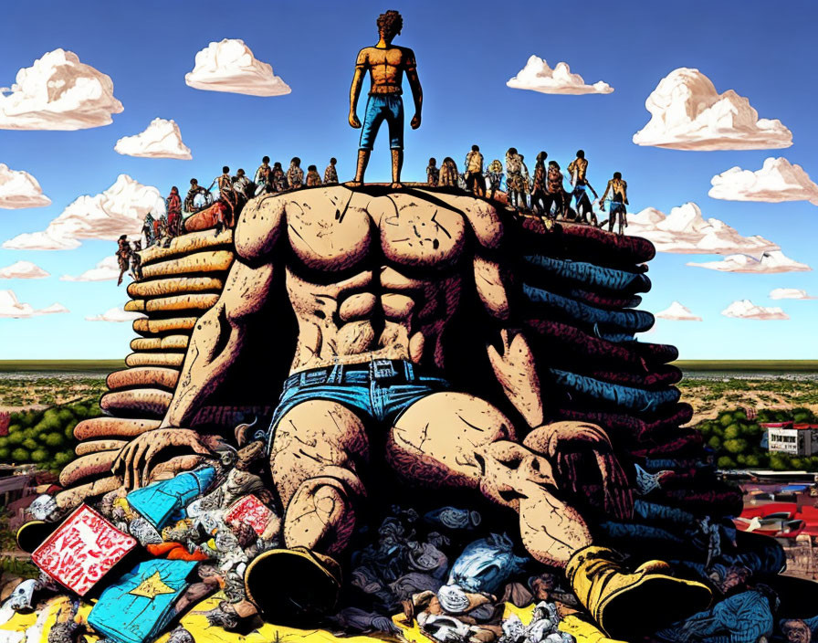 Giant muscular figure surrounded by debris with small onlookers on its back