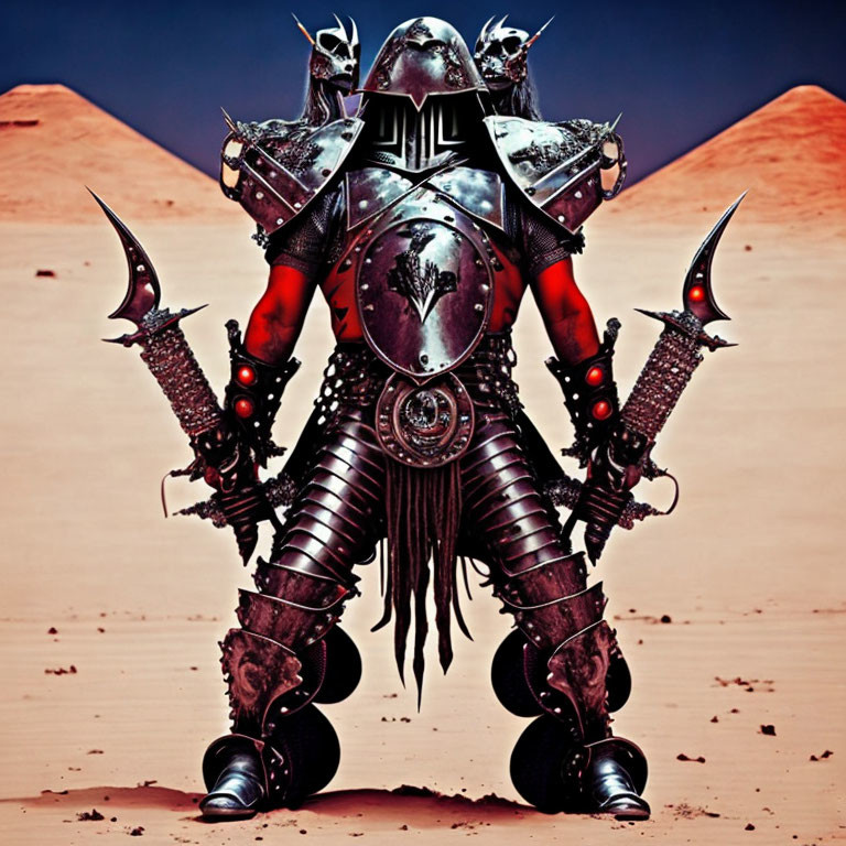 Armored figure in desert with shield and pyramids