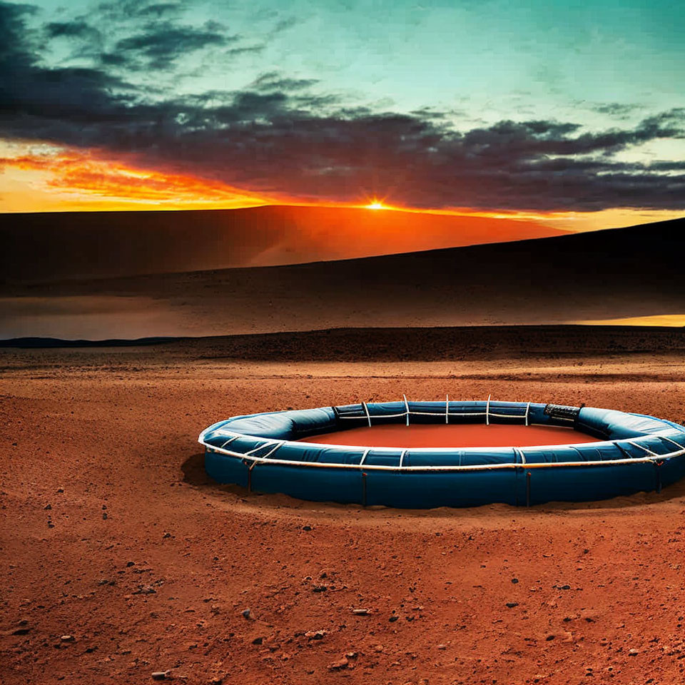 Surreal desert landscape with inflatable pool at sunrise