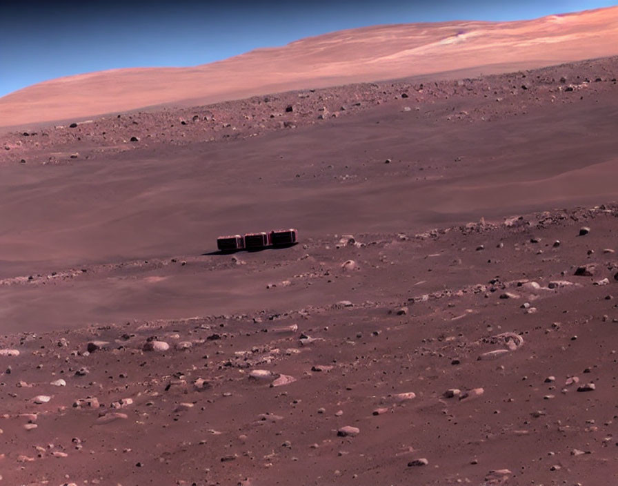 Barren Martian landscape with rocky terrain and rover in distance