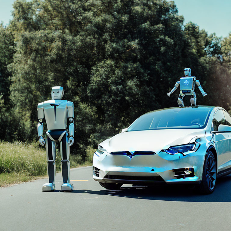 Humanoid robot with mini robot by silver Tesla on tree-lined road