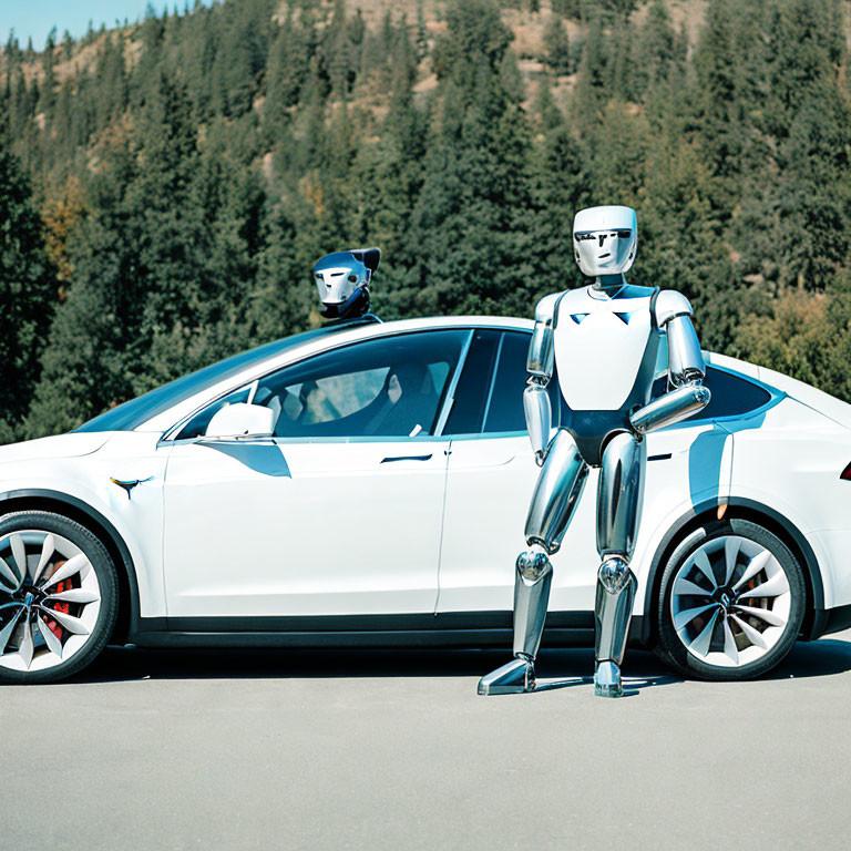 Humanoid robots next to white electric car against forested hill