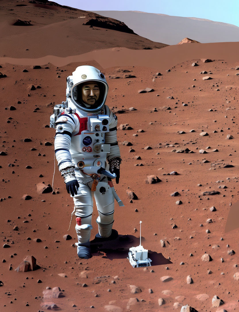 Detailed Space Suit Astronaut Walking on Rocky Martian Landscape