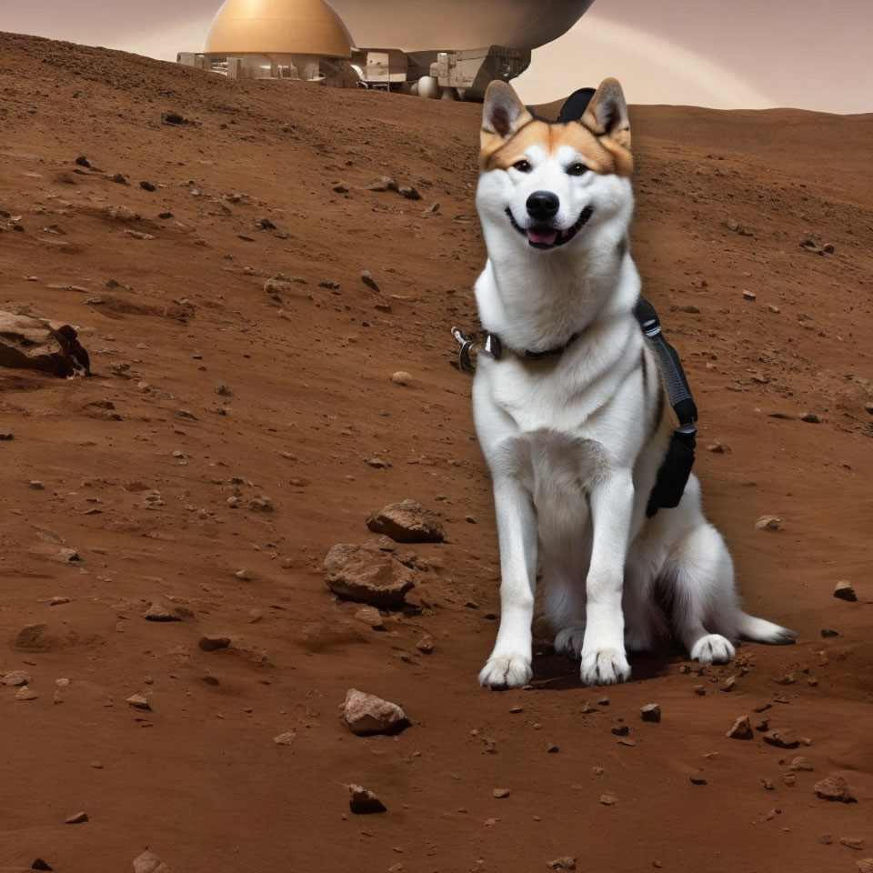 Smiling dog in harness on Mars with habitat dome