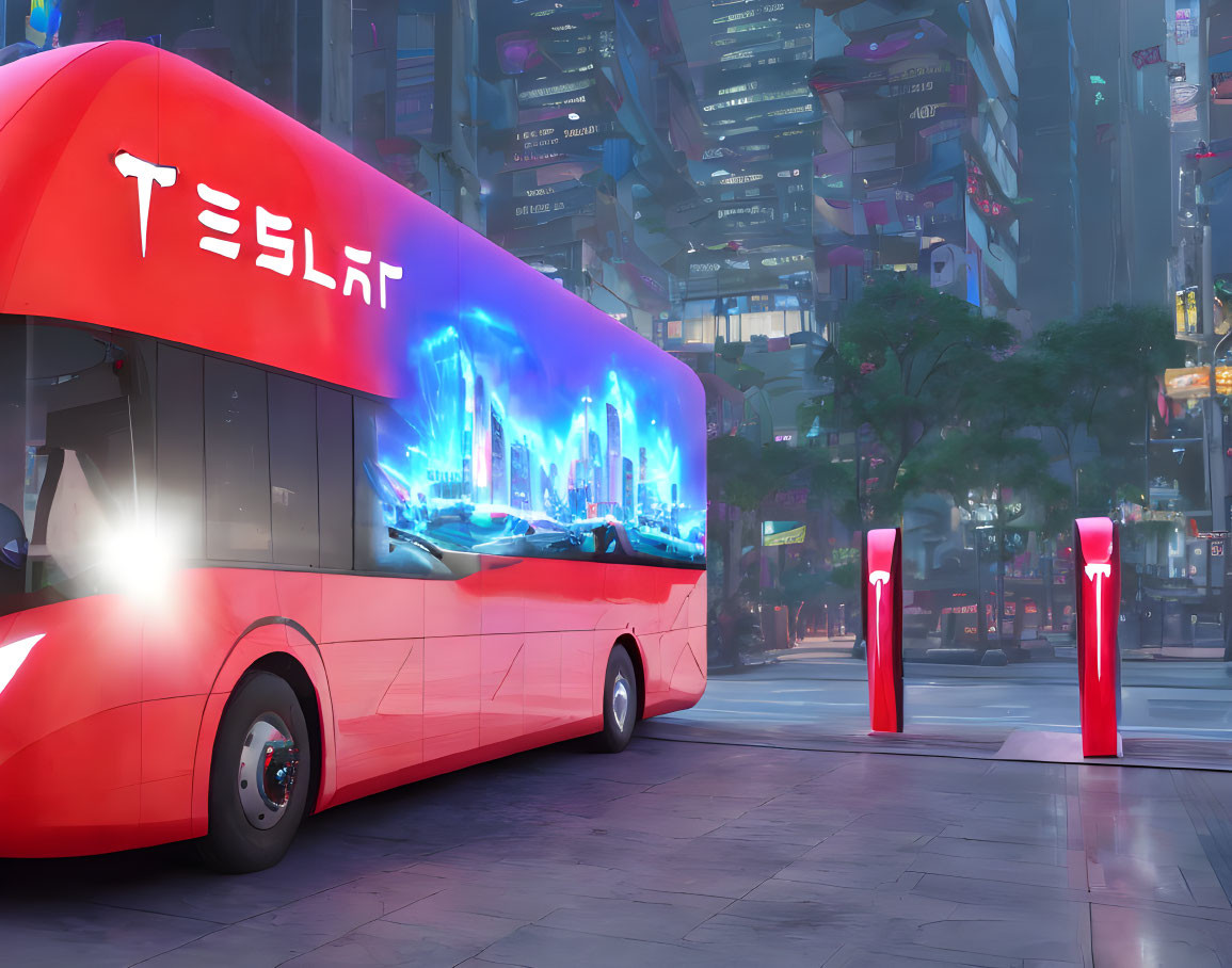 Futuristic red Tesla bus at charging station with urban skyscrapers.