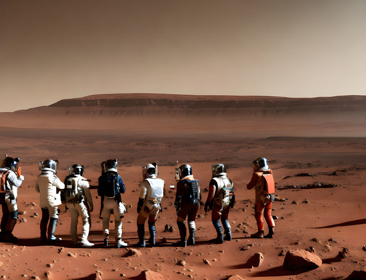 Astronauts in space suits on Martian surface under reddish sky