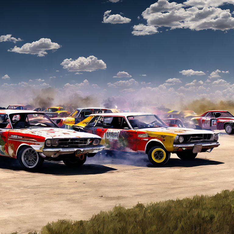 Classic muscle cars compete in a demolition derby under a clear blue sky