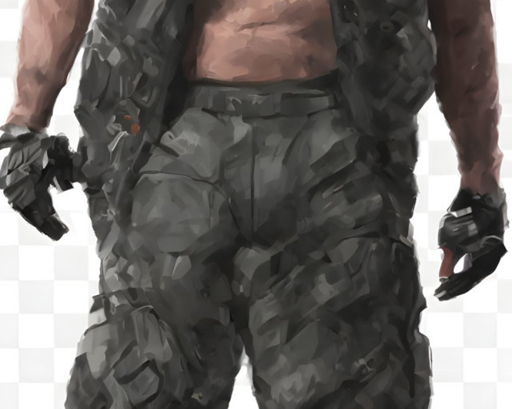 Bearded male character in tactical gear with bare chest