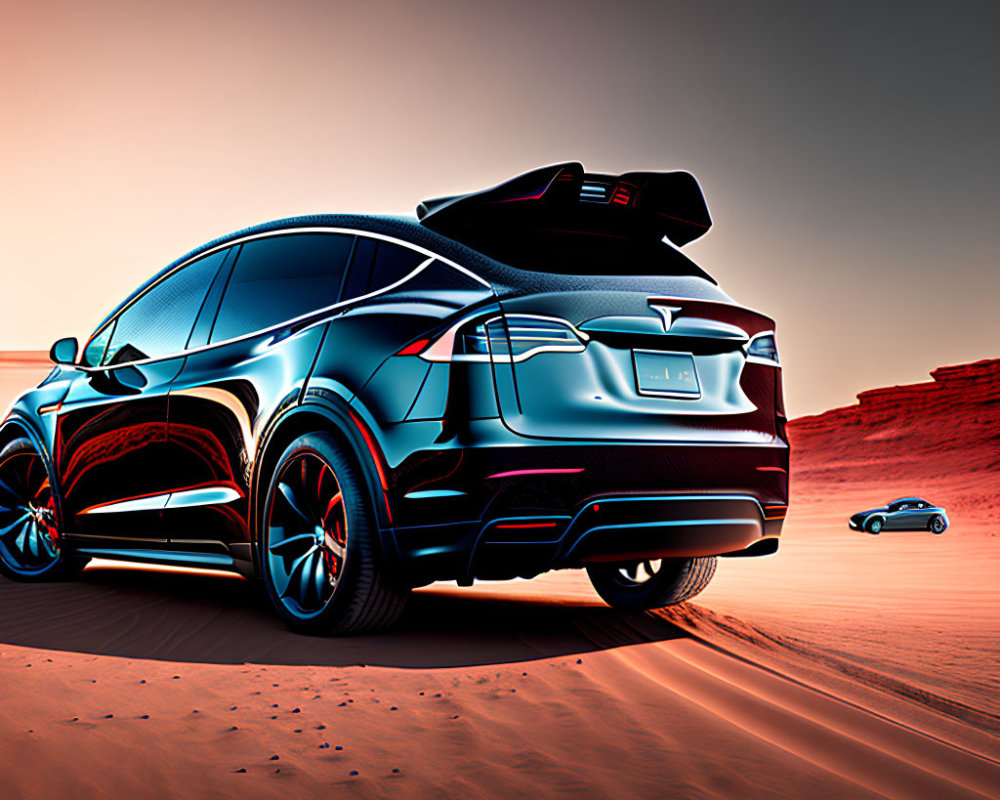 Electric SUV with open trunk in desert sunset scene.