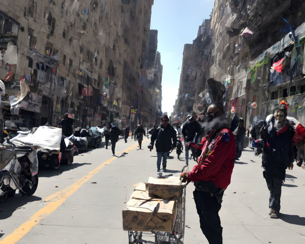 City street scene with high-rise buildings and people walking under clear blue sky