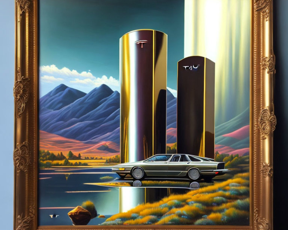 Surreal framed painting: vintage car in futuristic landscape