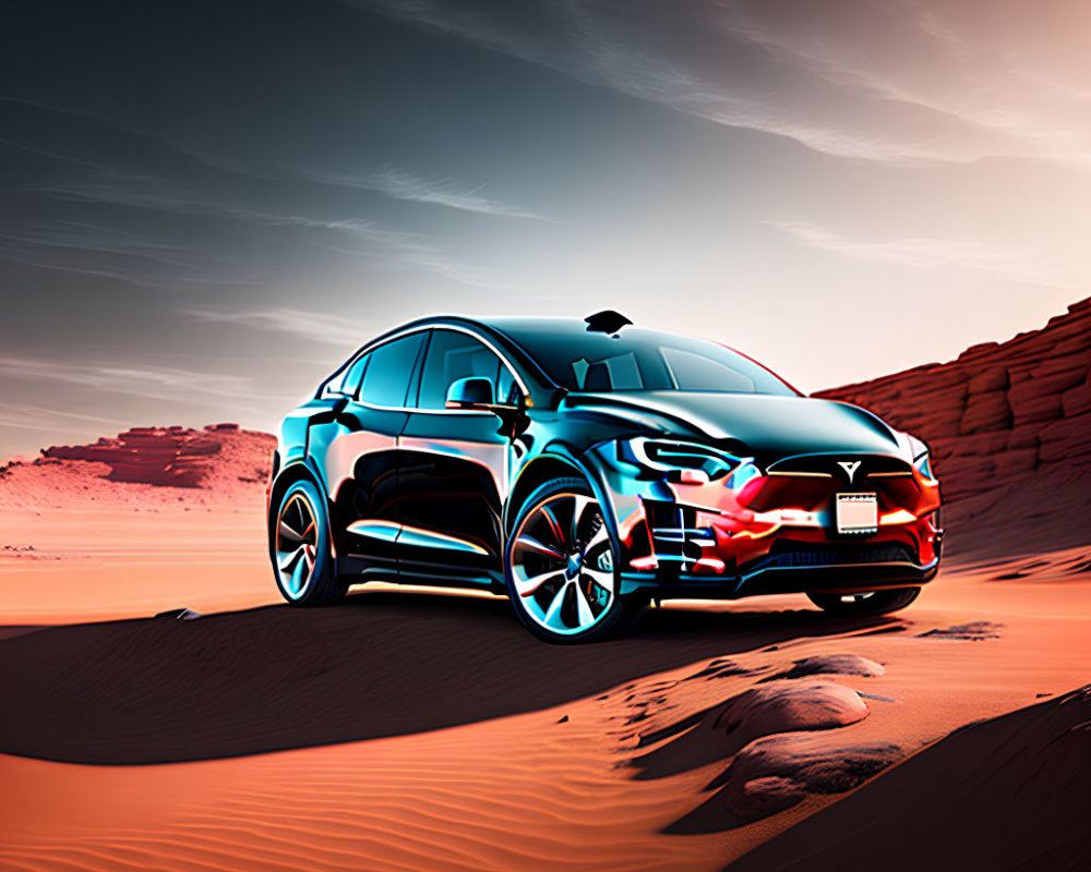 Electric car parked on sandy terrain near red rock formations