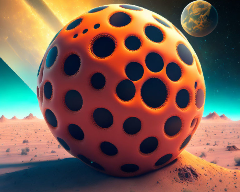 Surreal sphere with black holes on alien desert landscape under orange sky