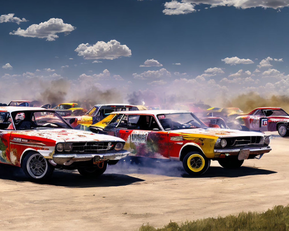 Classic muscle cars compete in a demolition derby under a clear blue sky