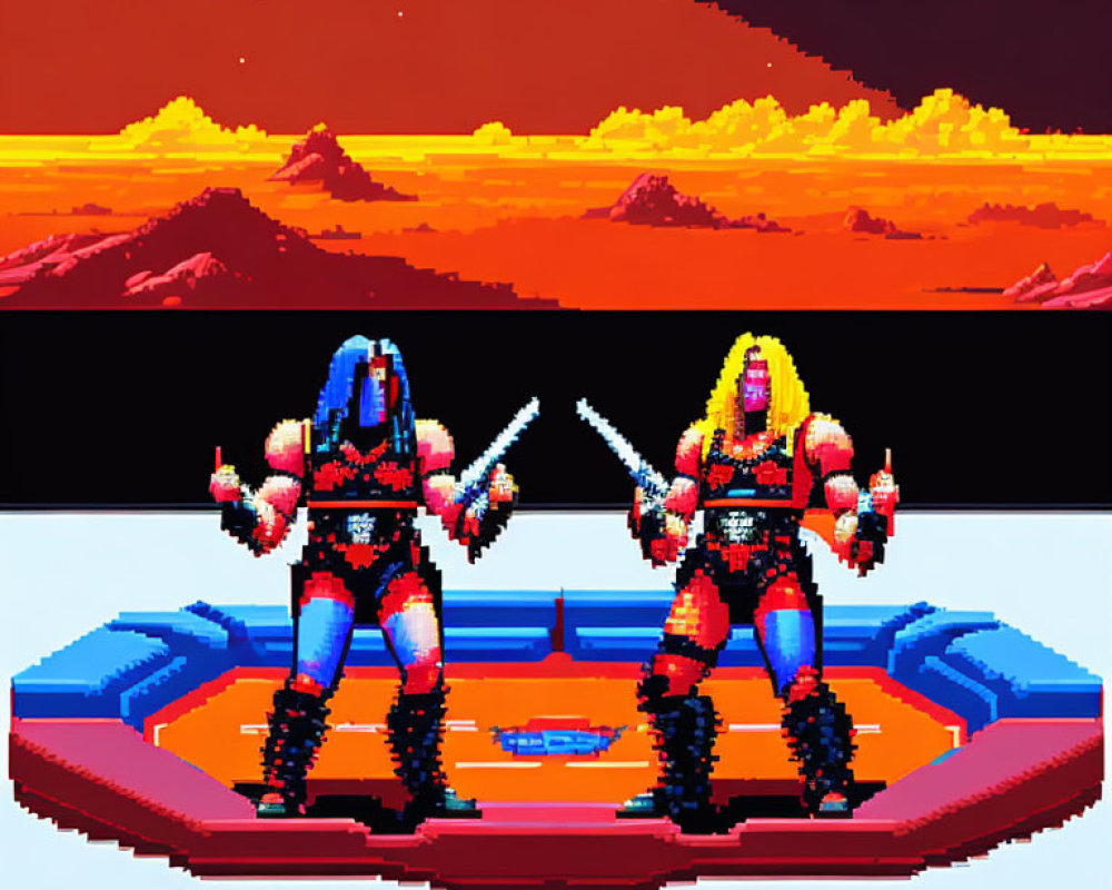 Pixel Art Warriors in Armor Face Off on Futuristic Platform Under Orange Sky