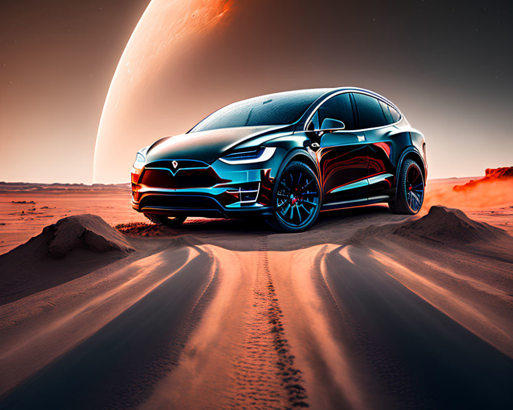 Futuristic black and red Tesla Model X on Mars-like terrain with celestial body