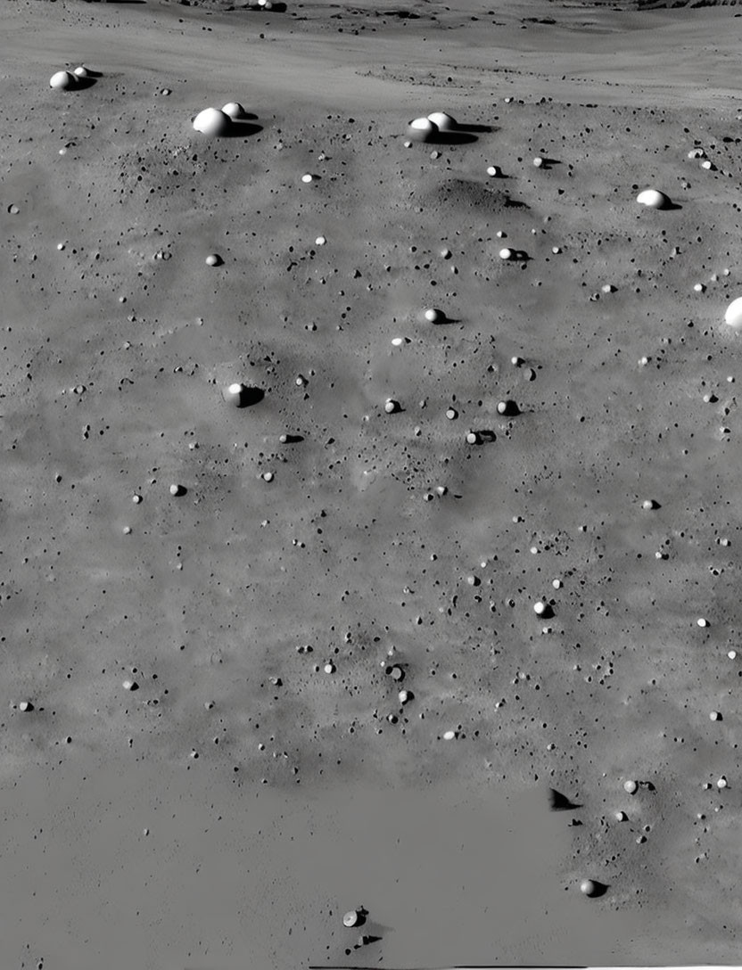 Monochrome rocky lunar surface with craters and rocks in shadowy light