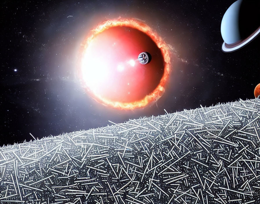 Surreal space scene with red sun, spaceship, planets, icy surface