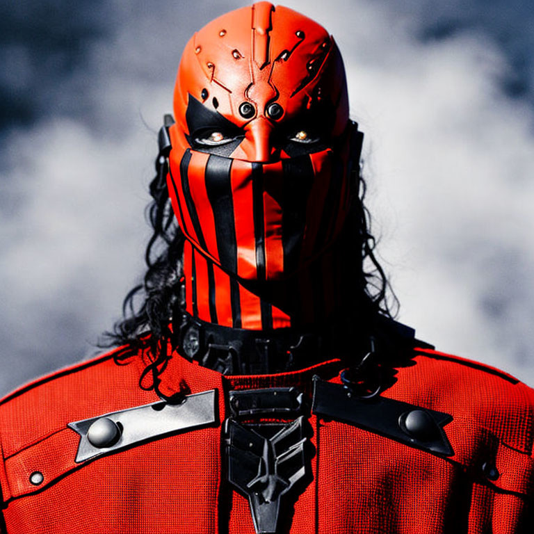 Person in Red and Black Costume with Metallic Mask and Long Hair on Blurred Background