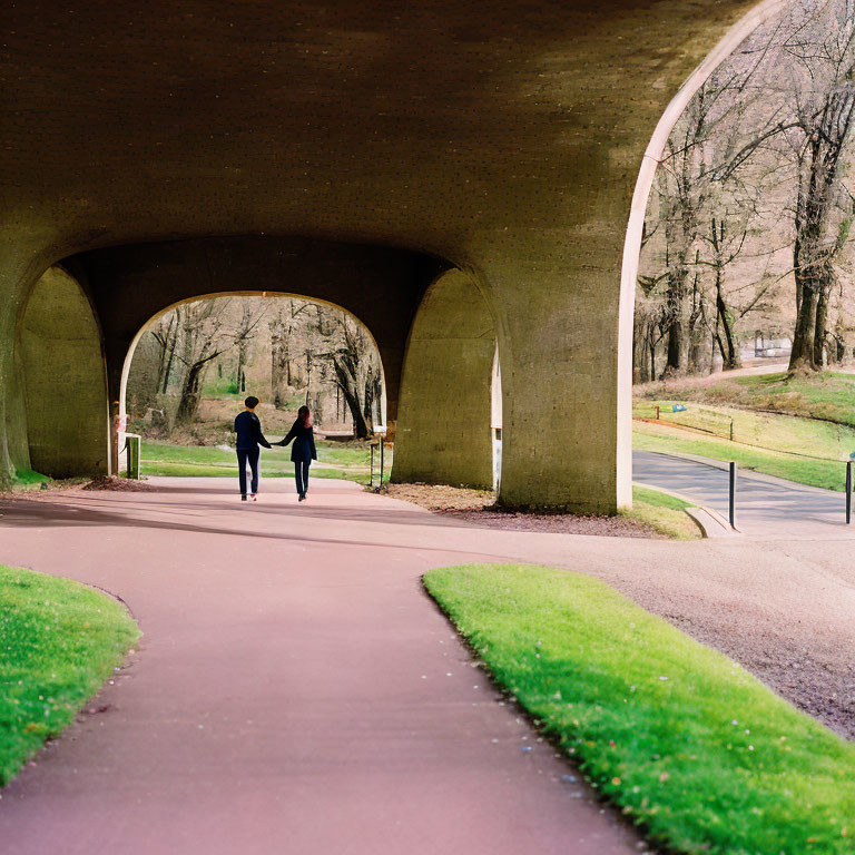 People walking through a large concrete tunnel in a park with a curving footpath and green grass.