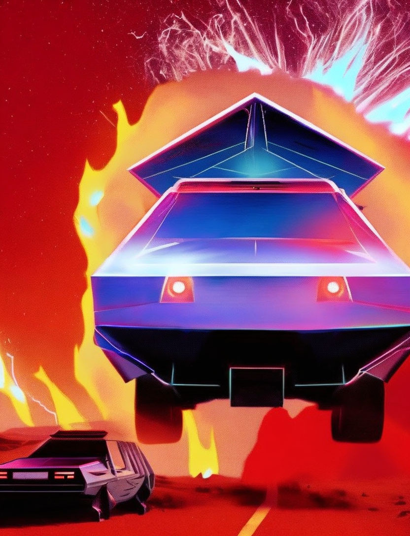 Stylized retro-futuristic blue car with triangular design and red flames backdrop.