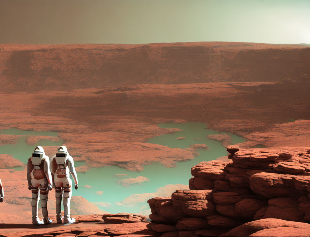 Astronauts in space suits on rocky Mars-like landscape