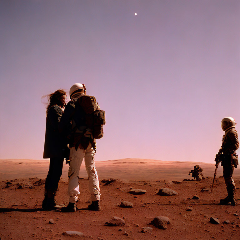 Astronauts on Martian landscape under red sky and distant sun