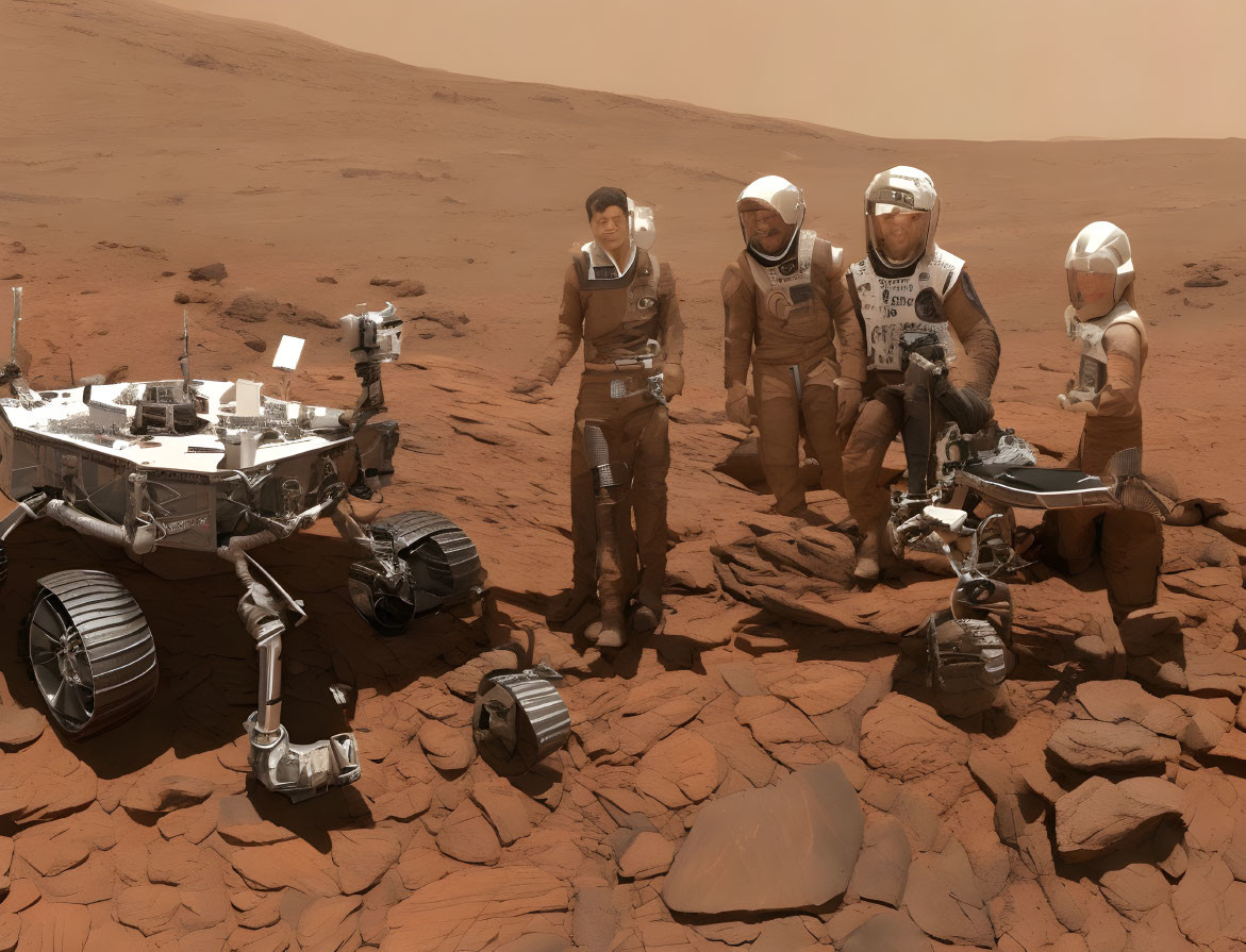 Exploration of Martian landscape by four astronauts with rover.