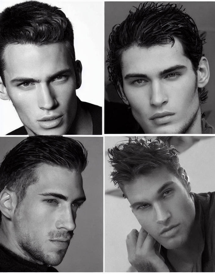 Young man's black and white portrait collection with varied hairstyles and expressions.