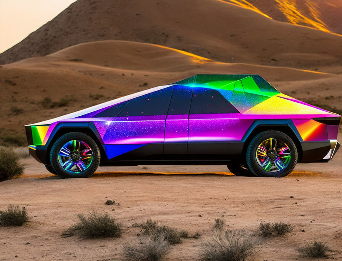 Geometric futuristic car with holographic paint in desert dusk