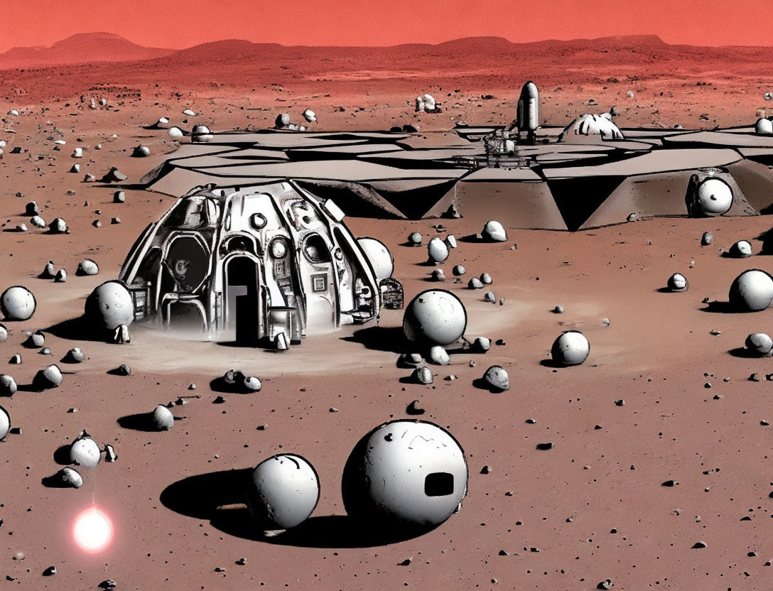 Futuristic Mars base with domed habitats and solar panels