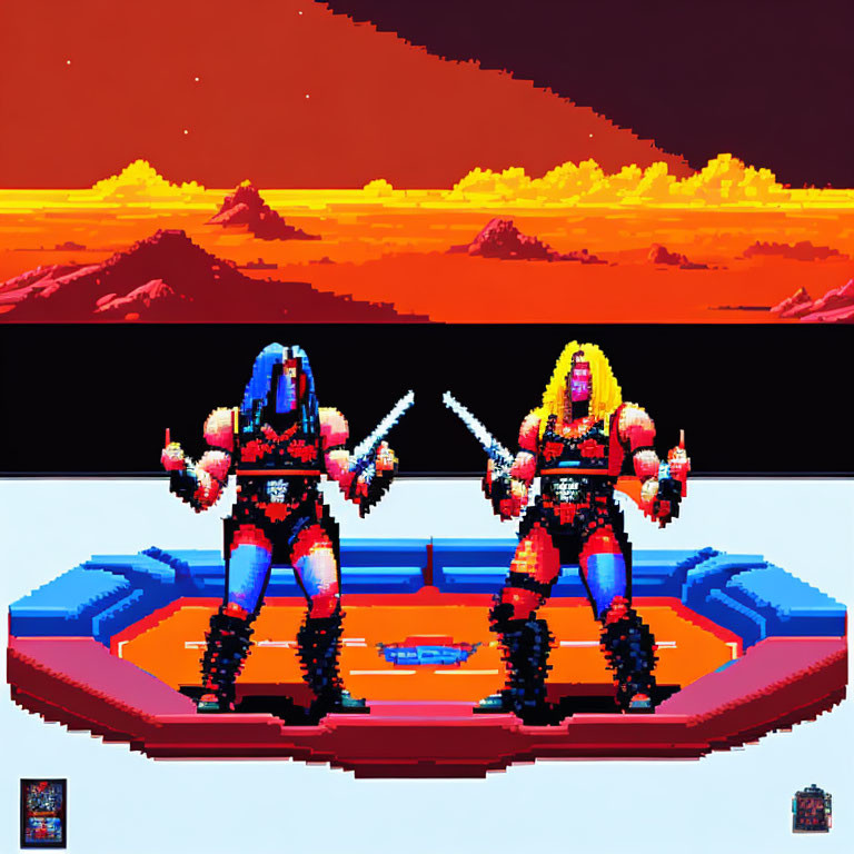 Pixel Art Warriors in Armor Face Off on Futuristic Platform Under Orange Sky