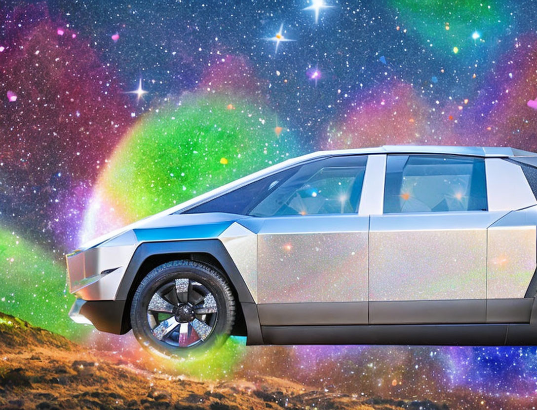 Silver angular electric vehicle on rocky terrain with vibrant nebula background